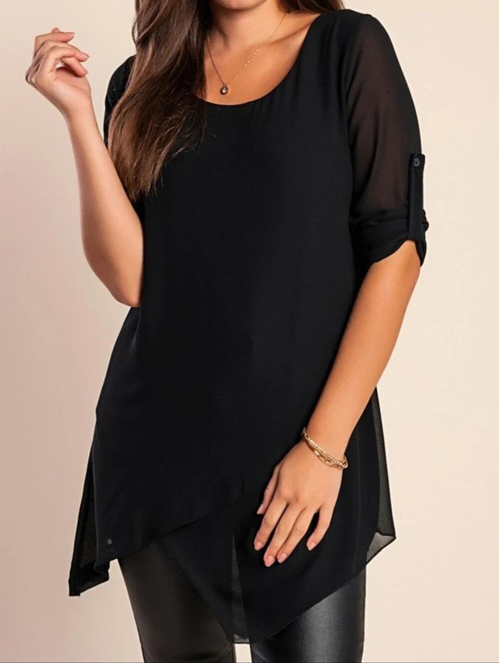 Soft Surroundings Black Asymmetric Chiffon Tunic w/ Rolled Sleeves - Size Small